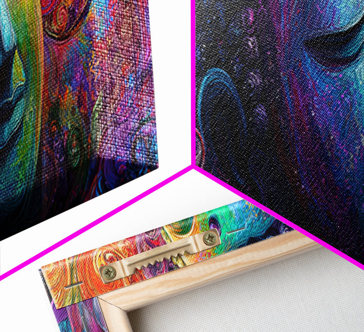 Vibrant Buddha With Lotus Framed Canvas Print, Psychedelic Spiritual Wall Art, Meditation Decor, Colorful Yoga Room Art Print