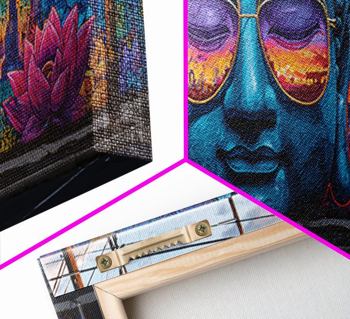 Buddha Mural With Sunset Sunglasses Wall Art, Urban Graffiti Canvas Print, Meditation Decor, Lotus Street Art, Calming Zen Gift