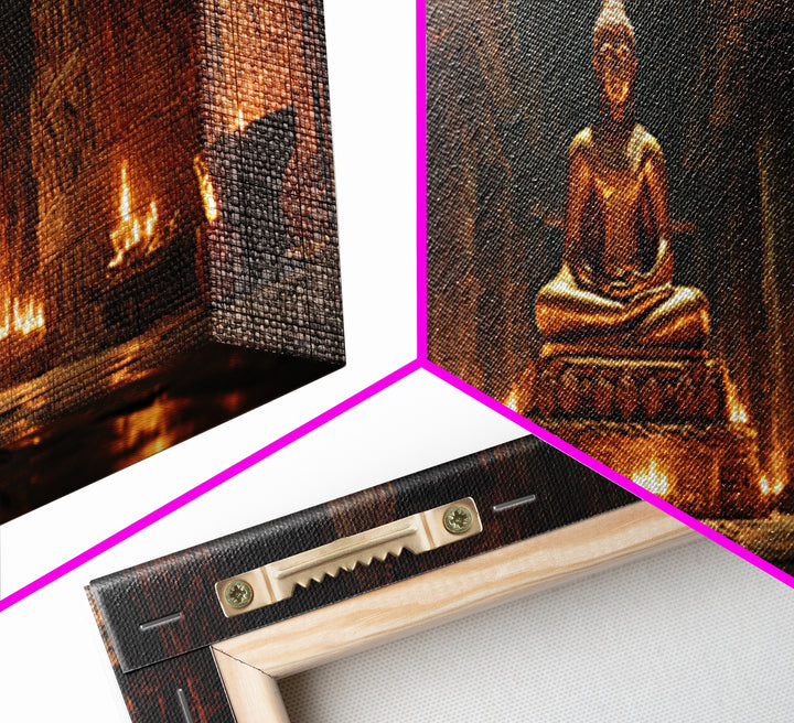 Golden Buddha In Candlelit Temple Framed Canvas Print, Spiritual Meditation Wall Art, Zen Spa Decor For Prayer Room And Yoga Room
