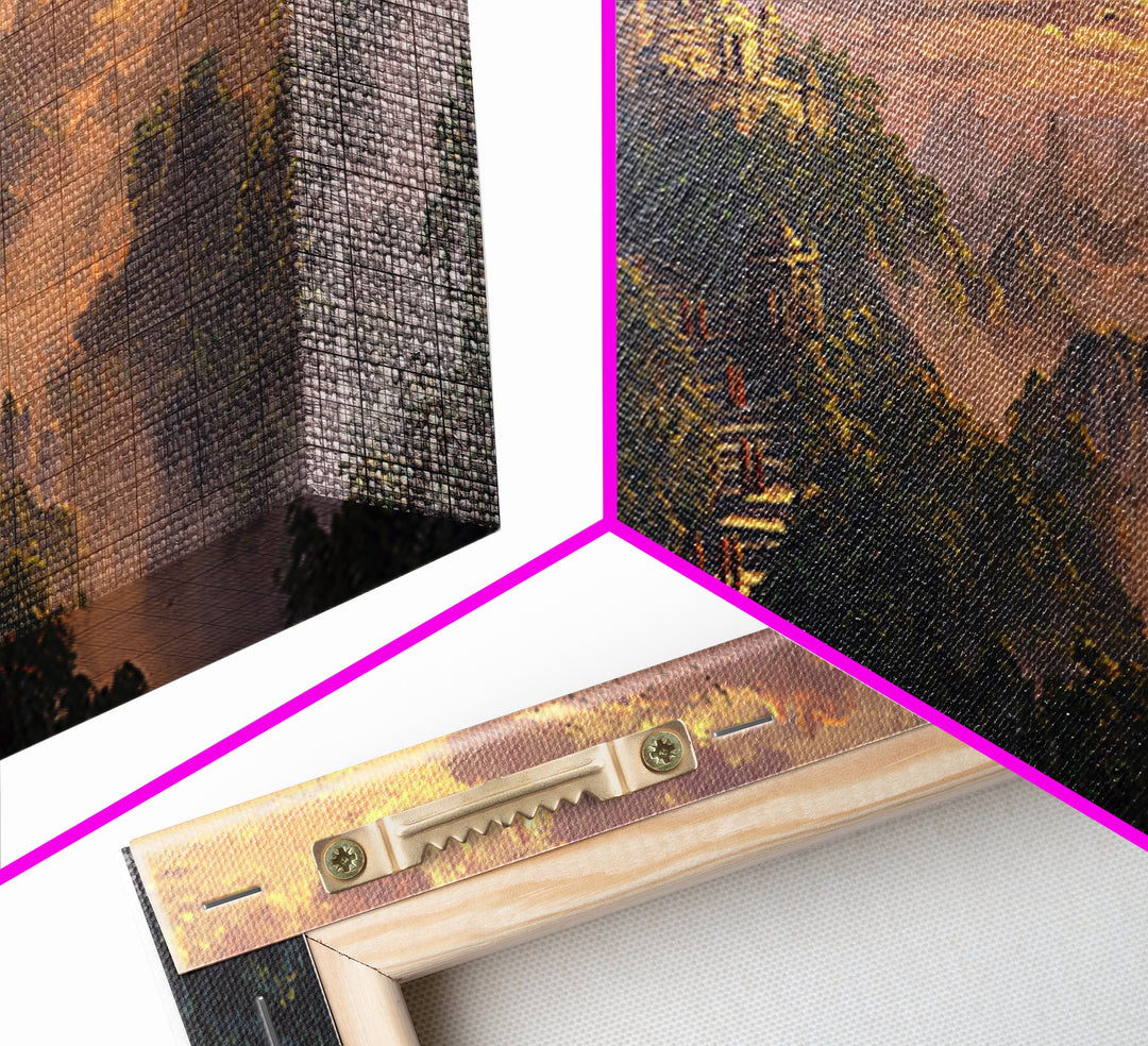 Golden Mountain Pagoda Temple Wall Art, Asian Jungle Sunrise Canvas, Spiritual Landscape Print, Meditation Room Decor, Zen Home Decor