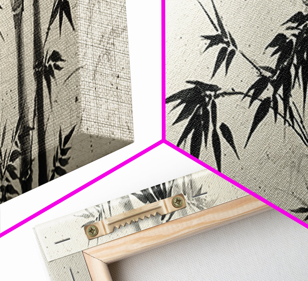 Minimalist Black Ink Bamboo Wall Art, Japanese Sumi Brush Canvas Print, Zen Botanical Decor For Calm Living Room Wall Decor