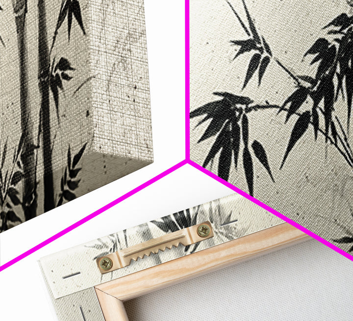 Minimalist Black Ink Bamboo Wall Art, Japanese Sumi Brush Canvas Print, Zen Botanical Decor For Calm Living Room Wall Decor