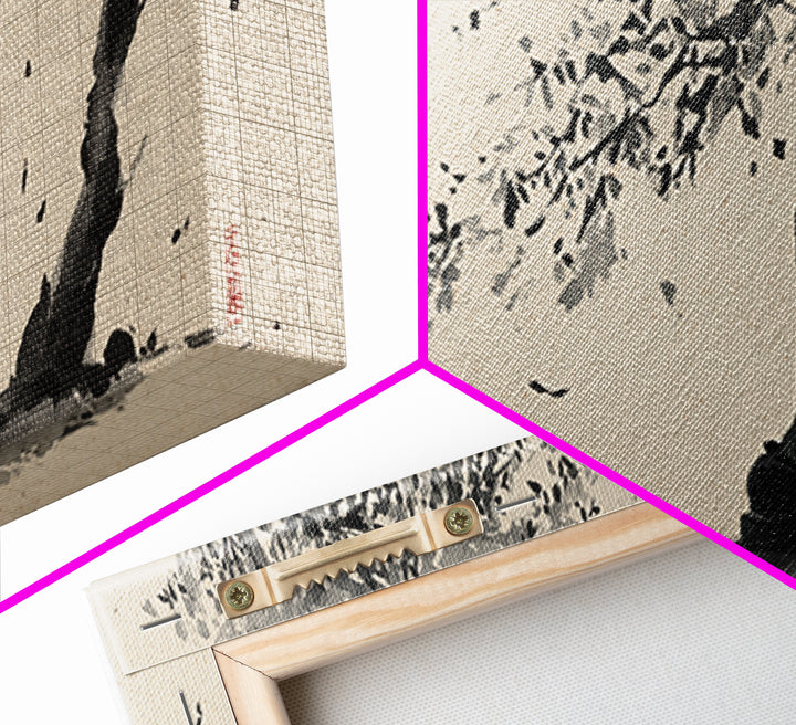 Zen Figure Under Windblown Tree Wall Art, Japanese Ink Landscape, Minimalist Zen Decor, Calming Meditation Room Art Print