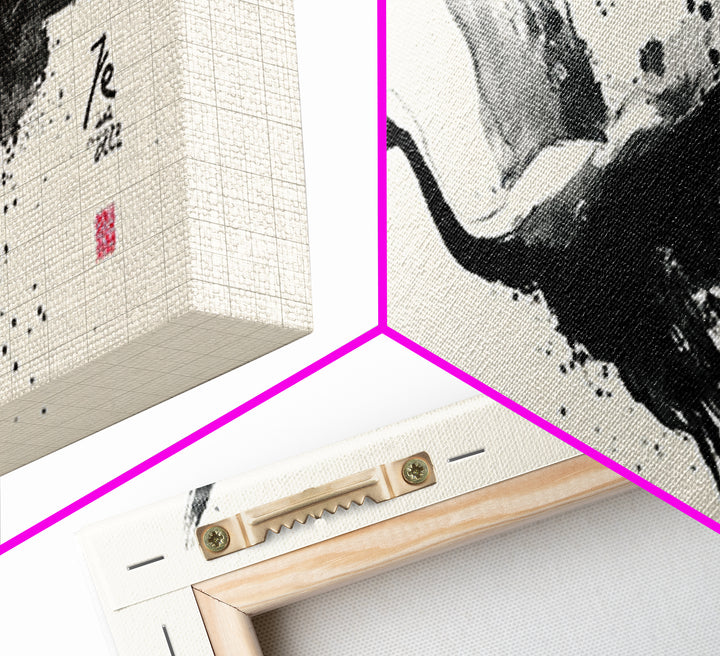 Black Ink Crane Wall Art, Japanese Brush Canvas Print, Minimalist Bird Art, Black And White Art, Zen Wall Decor, Asian Inspired Art