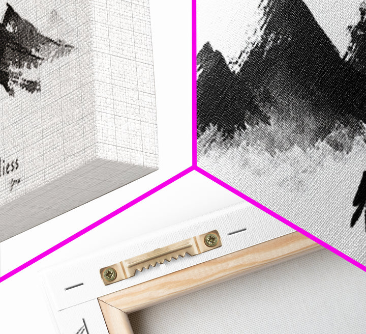 Japanese Ink Mountain Range With Calligraphy Wall Art, Minimalist Canvas Print, Zen Decor, Black And White Office Art, Japandi Decor