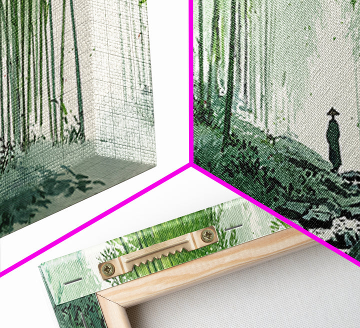 Bamboo Forest Path Canvas Print, Japanese Zen Landscape Wall Art, Green Nature Painting, Japandi Meditation Room Decor Print