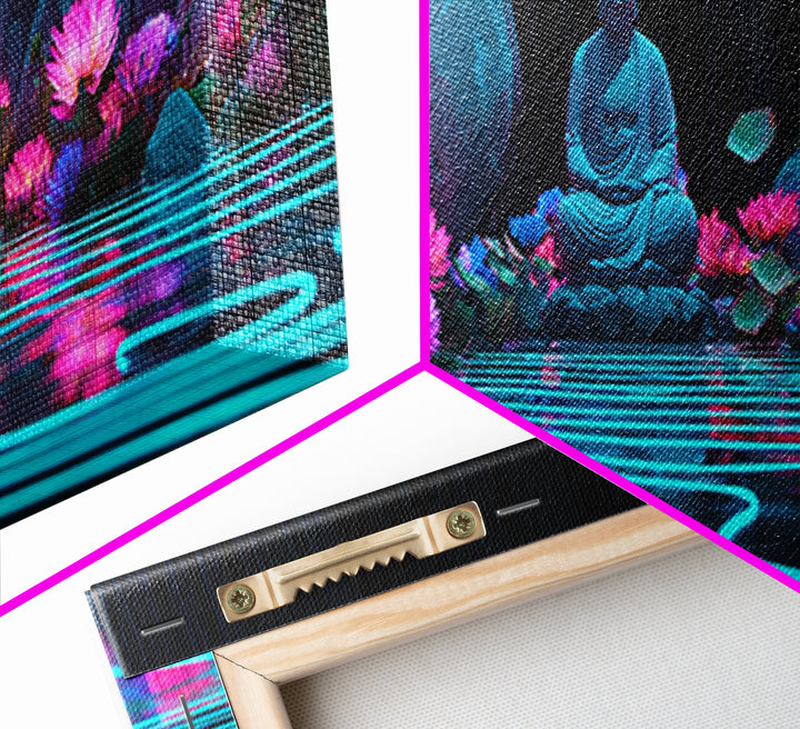 Neon Buddha Lotus Pond Wall Art, Zen Meditation Canvas, Spiritual Decor, Japandi Wall Decor, Yoga Room, Calming Art Print