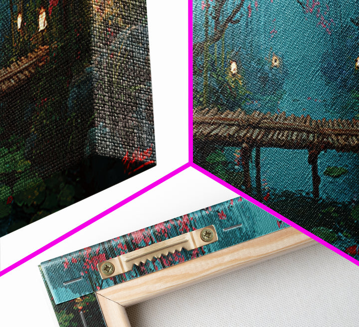 Cherry Blossom Bamboo Pond Wall Art, Japanese Lantern Bridge Canvas, Serene Zen Landscape, Japandi Living Room Decor, Calming Home Decor