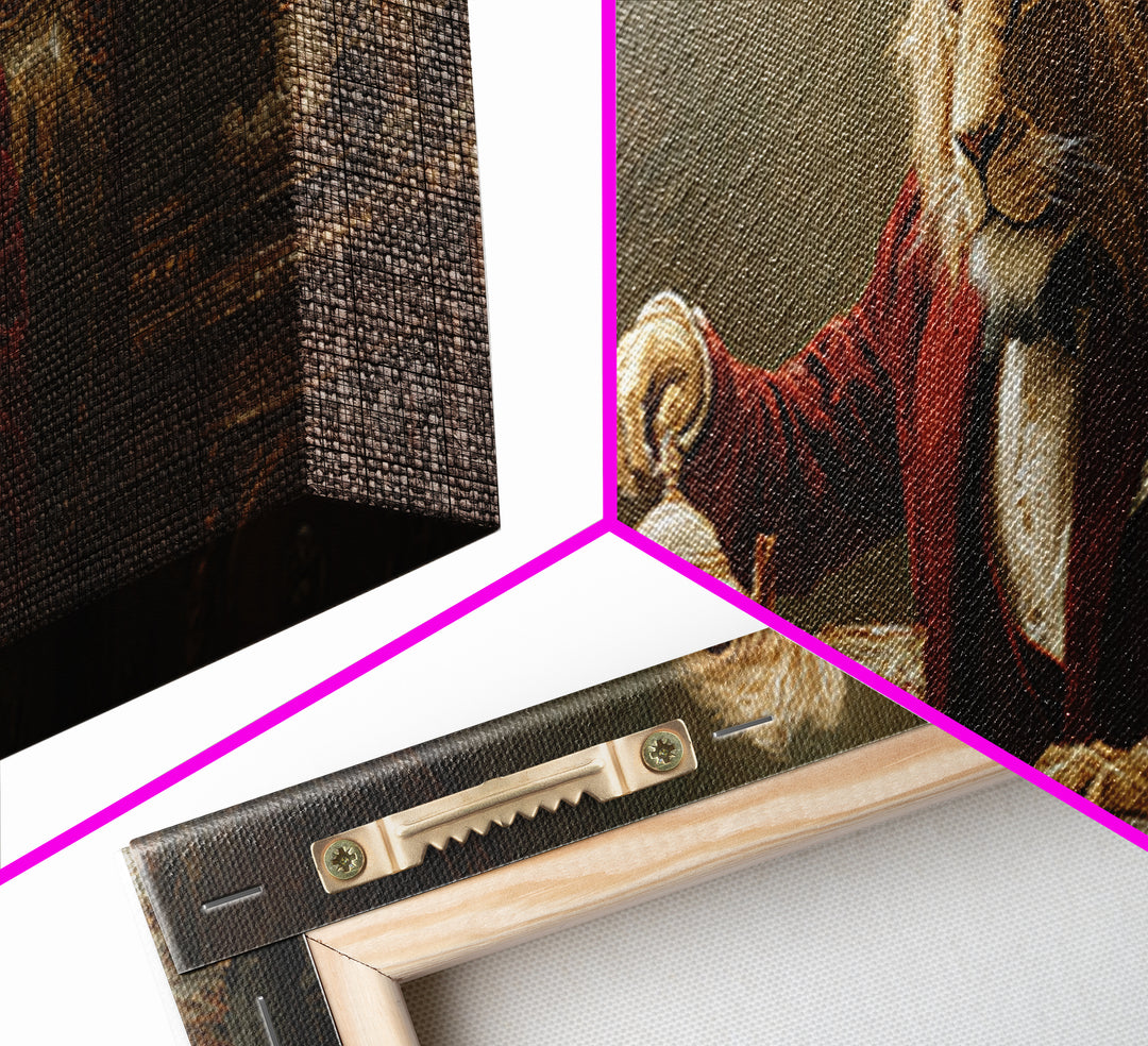 Dapper Lion Pouring Tea Framed Canvas Print, Whimsical Animal Wall Art, Victorian Decor, Dining Room Decor, Funny Gift For Cat Lovers