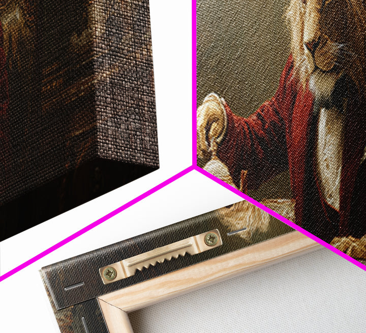Dapper Lion Pouring Tea Framed Canvas Print, Whimsical Animal Wall Art, Victorian Decor, Dining Room Decor, Funny Gift For Cat Lovers