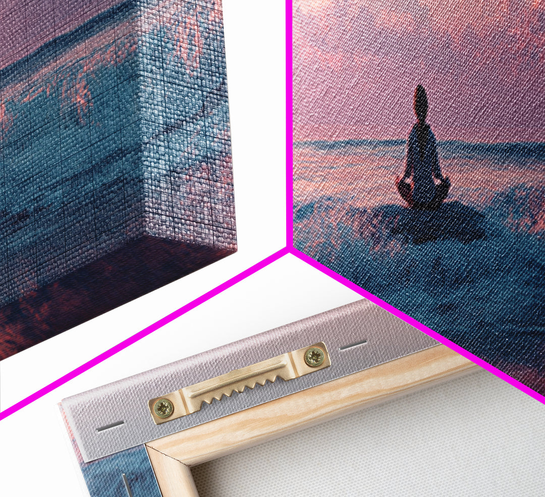 Peaceful Ocean Meditation Canvas Print, Pink Sunset Beach Wall Art, Coastal Yoga Decor, Seascape Art, Calming Bedroom Decor