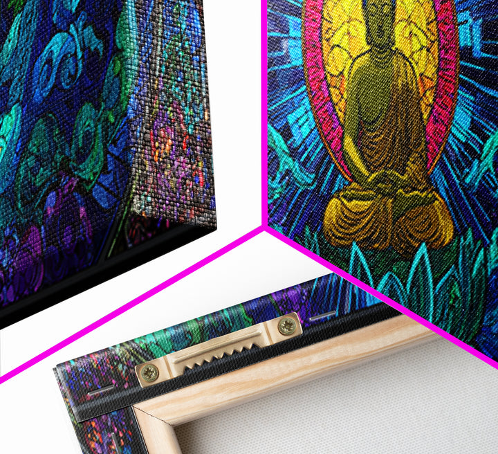 Stained Glass Buddha Ocean Wave Wall Art, Lotus Meditation Canvas Print, Colorful Zen Spiritual Yoga Room Home Decor Gift