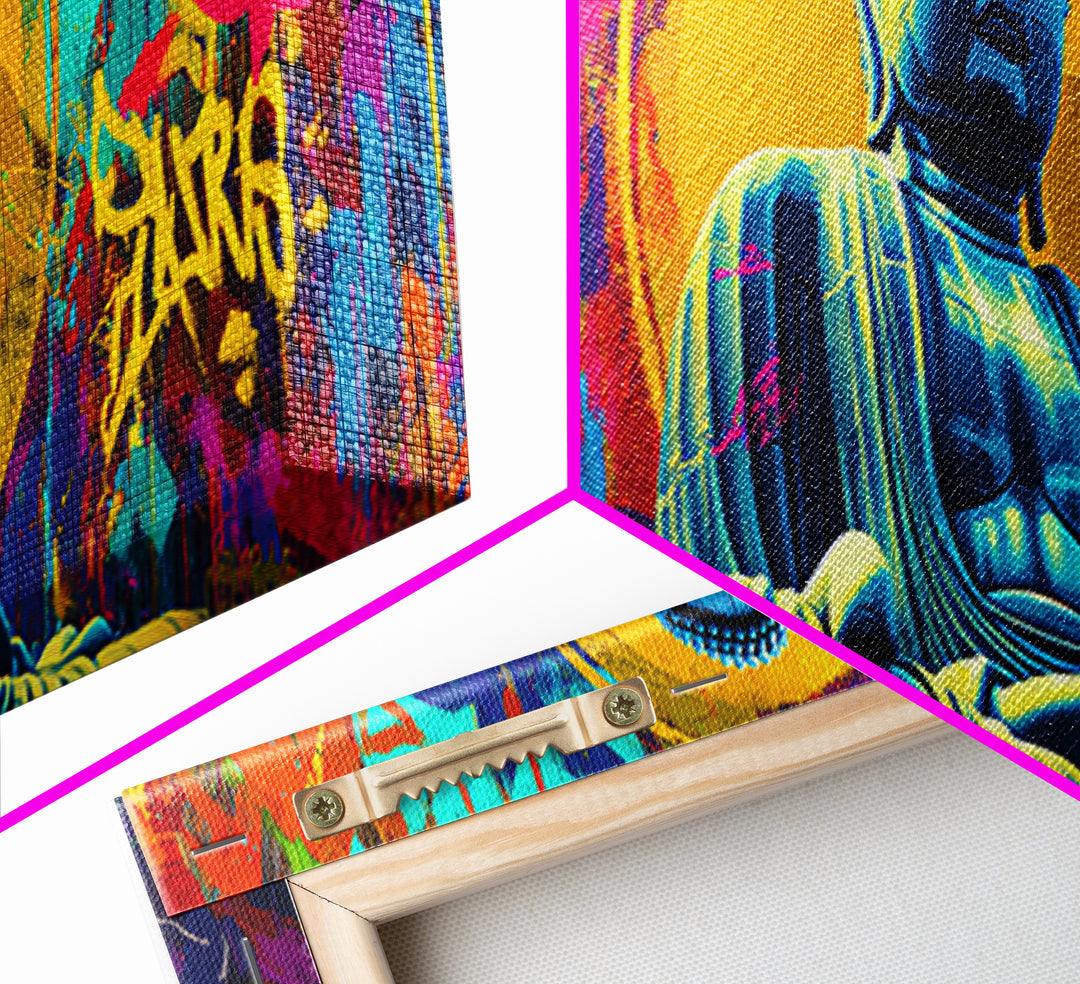Colorful Graffiti Buddha Wall Art, Pop Art Meditation Decor, Vibrant Urban Street Art, Spiritual Yoga Room Framed Canvas Print