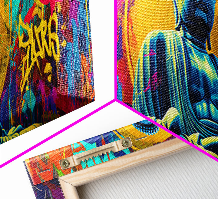 Colorful Graffiti Buddha Wall Art, Pop Art Meditation Decor, Vibrant Urban Street Art, Spiritual Yoga Room Framed Canvas Print