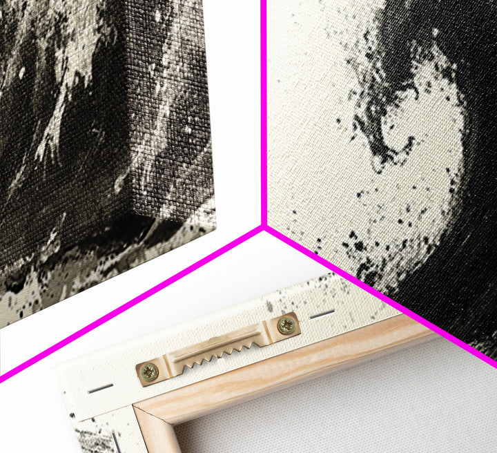 Japanese Ink Wave With Calligraphy Wall Art, Black And White Canvas Print, Asian Coastal Decor, Minimalist Ocean Poster Gift