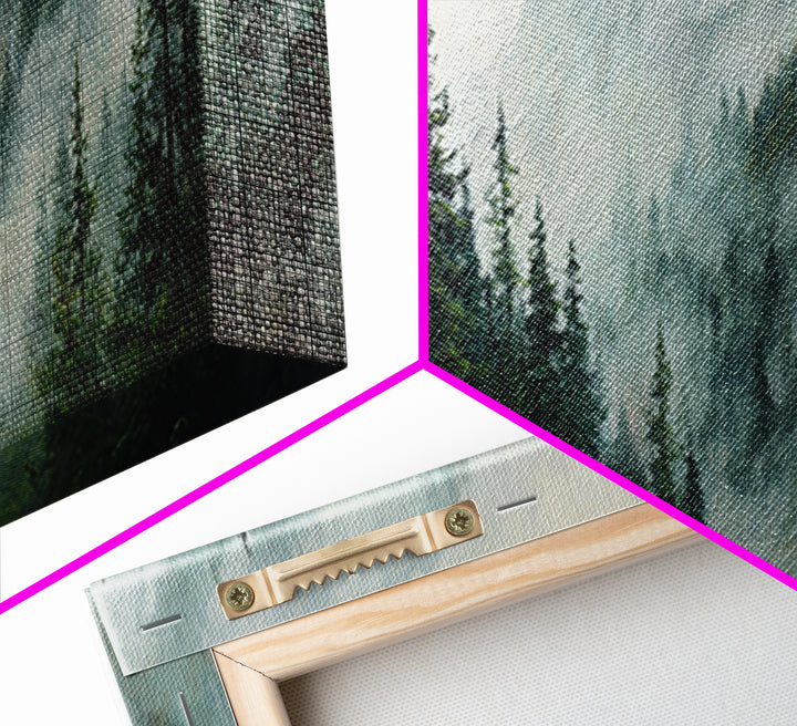 Misty Pine Mountain Temple Wall Art, Foggy Evergreen Forest Landscape, Japandi Nature Decor, Long Horizontal Canvas Print