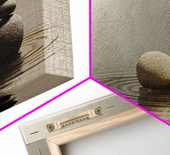 Zen Stacked Stones Framed Canvas Print, Neutral Water Reflection, Minimalist Spa Wall Art, Calm Japandi Meditation Room Home Decor