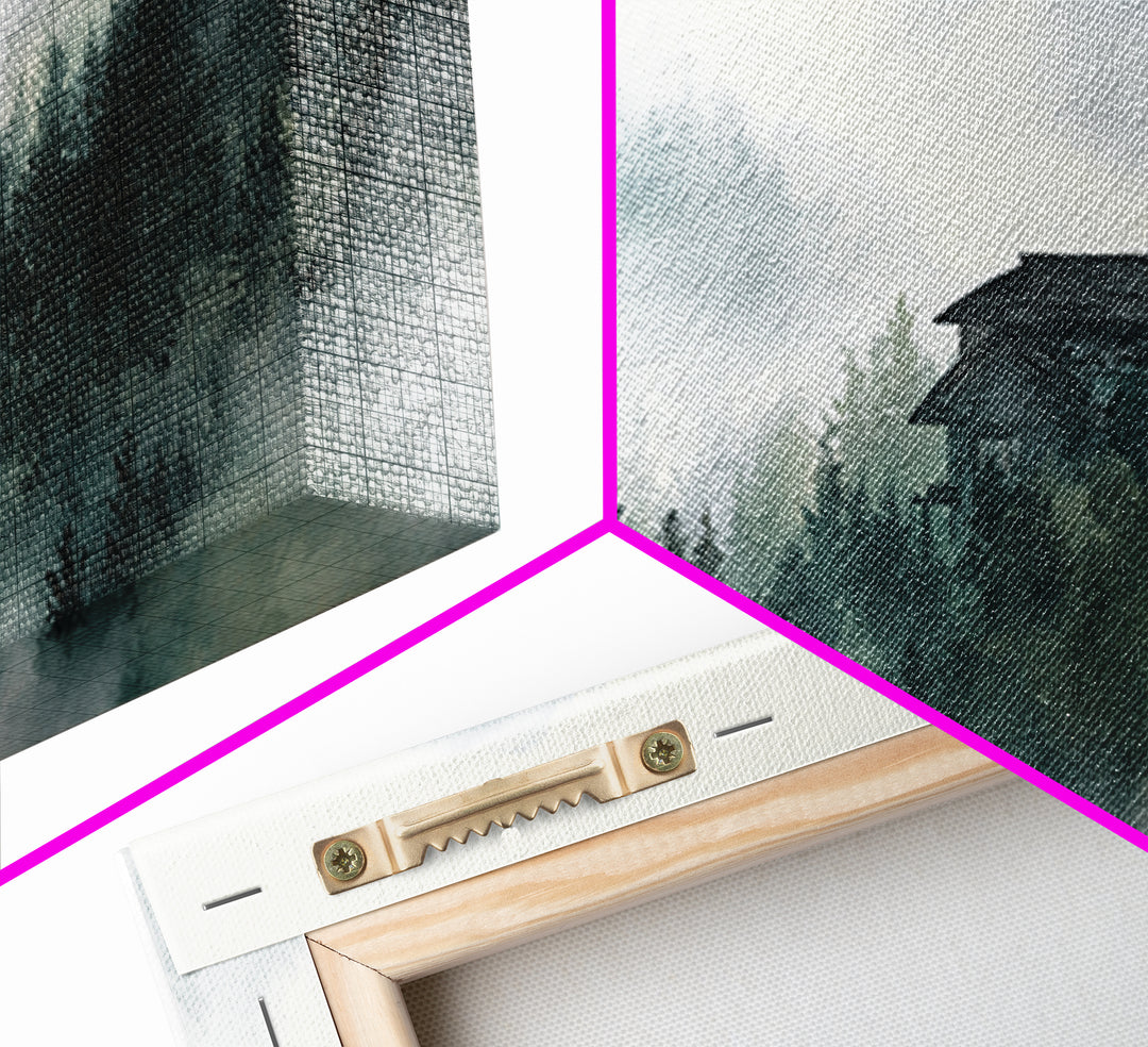 Misty Forest Cabin In Mountain Fog Wall Art, Japandi Landscape Print, Calming Nature Decor, Neutral Home Decor For Living Room