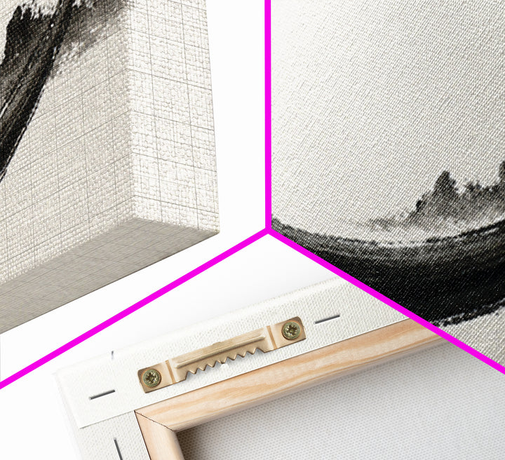 Minimal Black Ink Boat Wall Art, Japanese Zen Canvas Print, Monochrome Abstract, Wabi Sabi Decor, Long Horizontal Art Print
