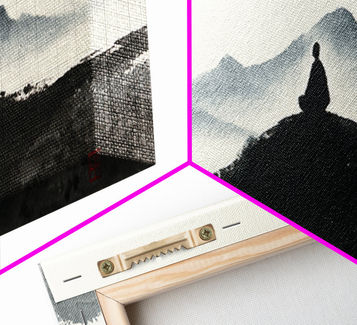 Minimalist Monk Mountain Wall Art, Japanese Ink Wash Landscape, Zen Meditation Decor, Black And White Framed Canvas Print