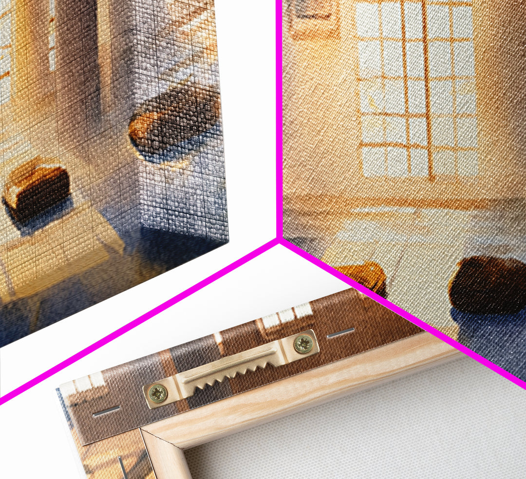 Sunlit Meditation Room With Floor Cushions Canvas Print, Zen Wall Art, Yoga Studio Decor, Calm Minimalist Spa Home Decor