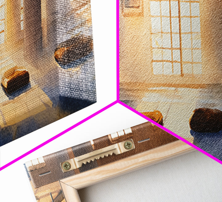 Sunlit Meditation Room With Floor Cushions Canvas Print, Zen Wall Art, Yoga Studio Decor, Calm Minimalist Spa Home Decor