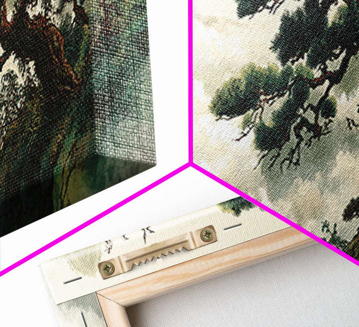 Misty Pine Mountain Landscape Wall Art, Asian Zen Framed Canvas Print, Japandi Nature Decor For Living Room And Office Home Decor
