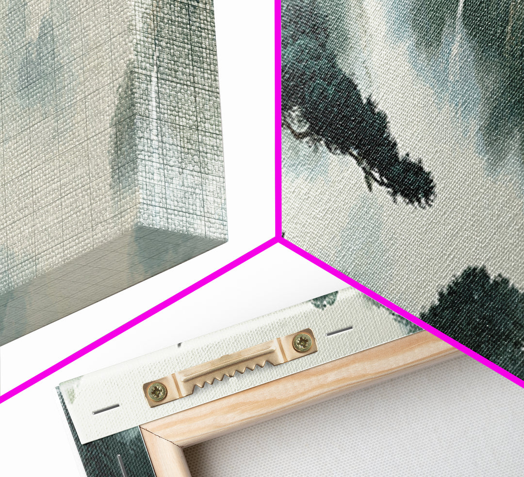 Misty Mountain Pine Landscape Wall Art, Japanese Ink Style Canvas, Zen Nature Print, Panoramic Living Room Decor, Calming Office Decor