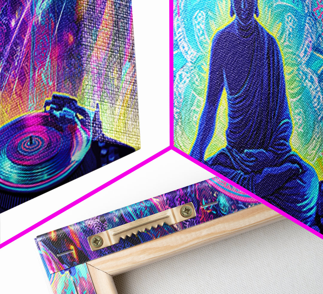 Neon Buddha DJ Canvas Print, Psychedelic Meditation Wall Art, Spiritual Decor, Yoga Studio, Music Room, Vibrant Home Decor