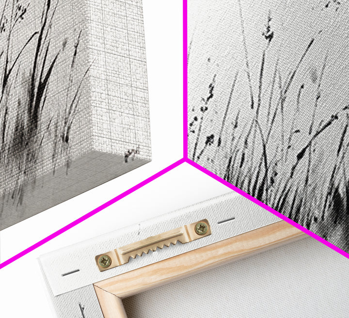 Minimalist Grass Ink Wall Art, Black And White Botanical Canvas Print, Japandi Decor, Neutral Wall Decor, Above Bed Art Print