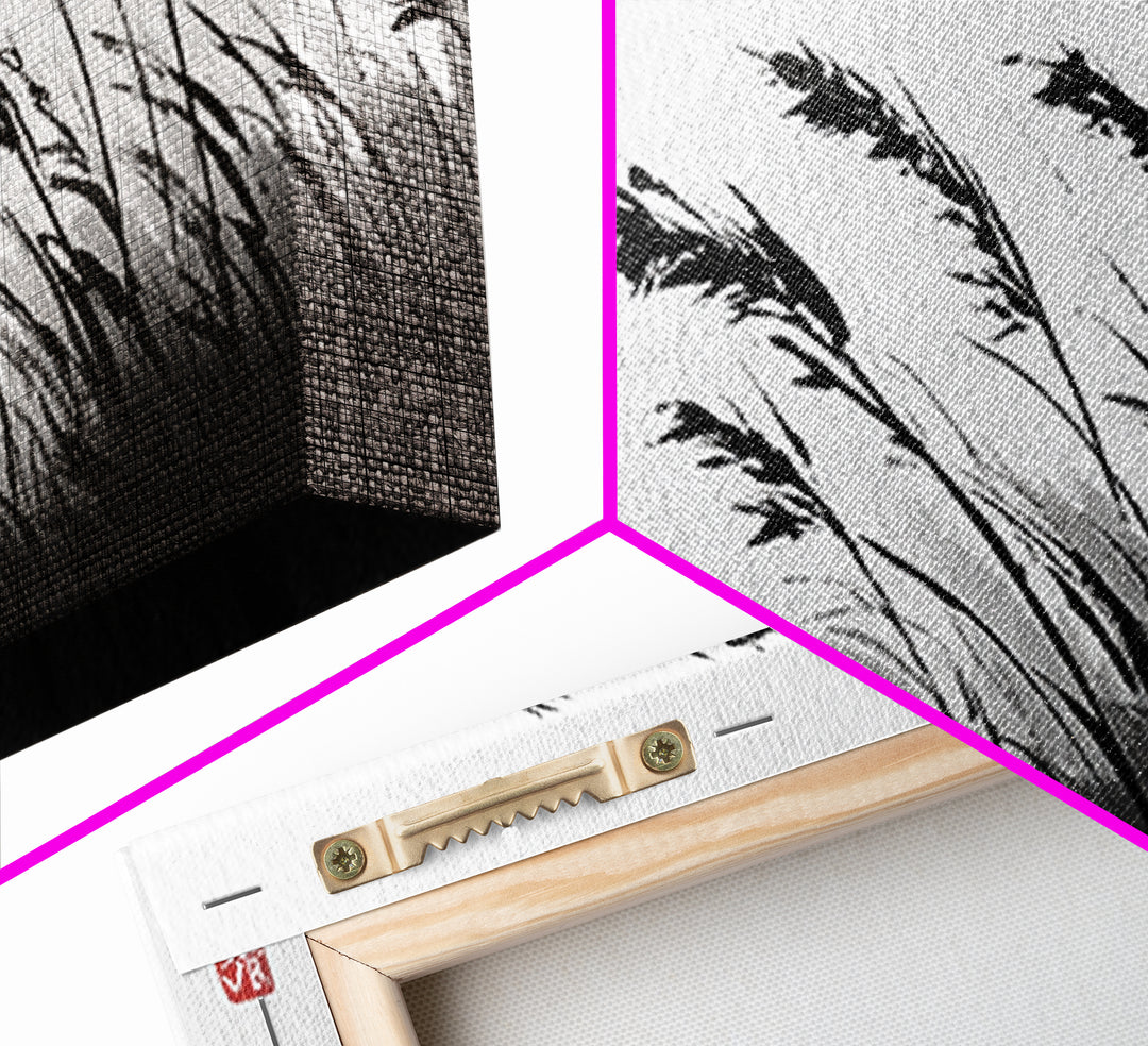 Minimal Ink Grass Reeds Canvas Print, Black And White Japandi Nature Wall Art For Calm Bedroom Decor And Zen Home Decor Print