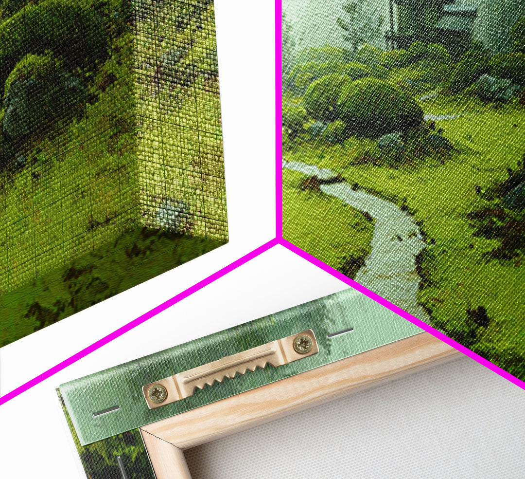 Misty Japanese Garden Path Wall Art, Pagoda Landscape Canvas Print, Zen Home Decor, Japandi Wall Decor, Calming Wall Art