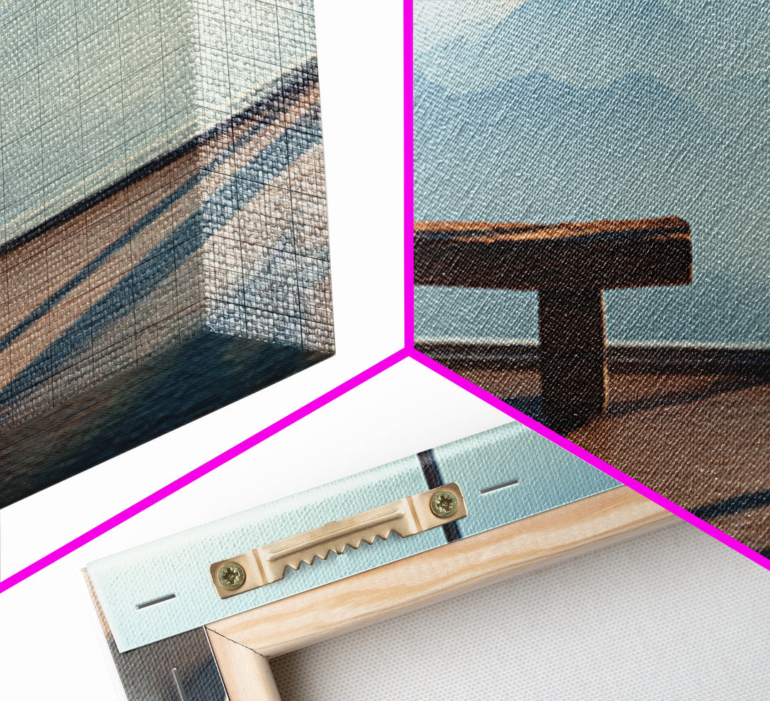 Minimal Mountain View Zen Bench Framed Canvas Print, Japandi Wall Art, Neutral Home Decor, Calming Office Decor, Living Room Decor