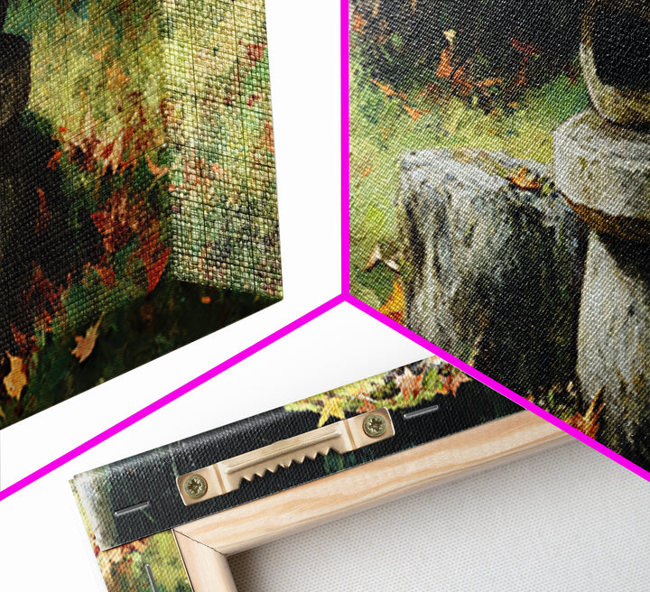 Mossy Japanese Stone Lantern Wall Art, Zen Garden Oil Painting Print, Japandi Decor, Tranquil Nature Framed Canvas Print
