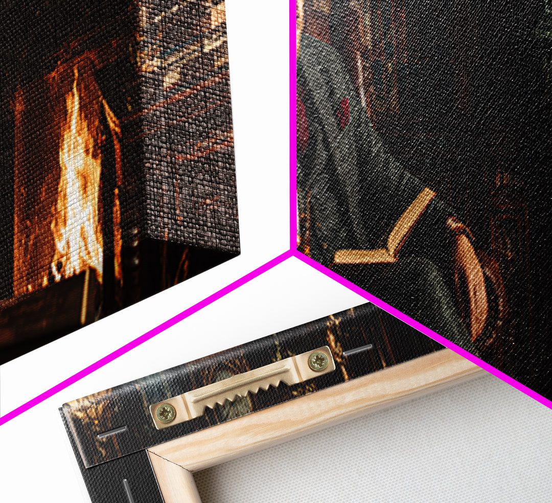 Gentleman Reading By Fireplace Wall Art, Dark Academia Library Canvas Print, Cozy Office Decor, Book Lover Housewarming Gift
