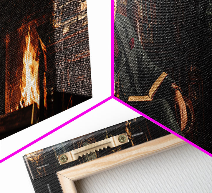 Gentleman Reading By Fireplace Wall Art, Dark Academia Library Canvas Print, Cozy Office Decor, Book Lover Housewarming Gift
