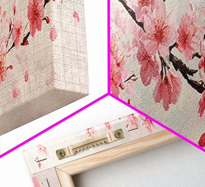 Pink Cherry Blossom Branch Wall Art, Japanese Floral Canvas Print, Spring Botanical Decor, Feminine Bedroom Artwork Gift