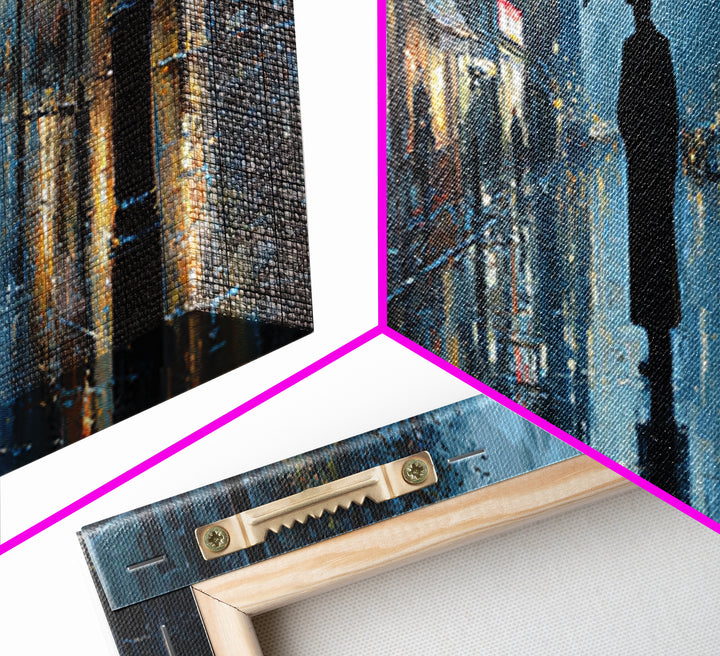 Rainy City Street With Umbrella Wall Art, Moody Urban Landscape Print, Blue Night Office Decor, Contemporary Canvas Print