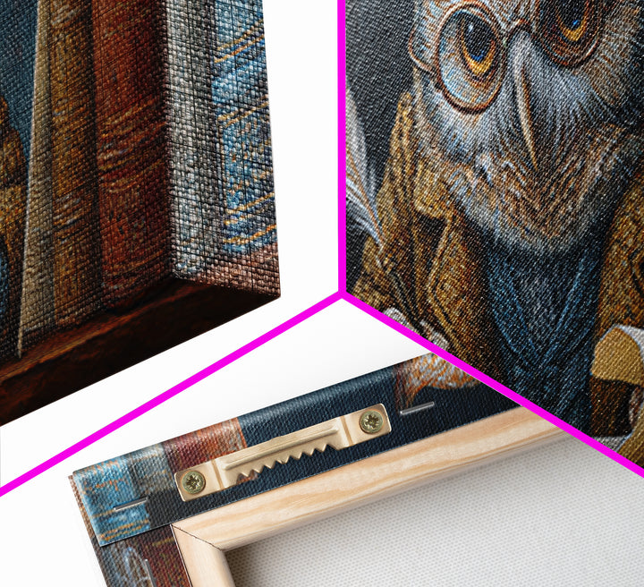 Whimsical Owl Scholar Writing Letters Wall Art, Storybook Animal Canvas Print, Cozy Library Nursery Office Decor Gift For Readers