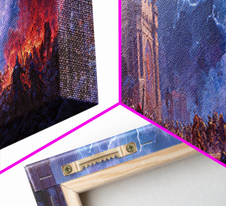 Stormlit Castle Siege Fantasy Battle Wall Art, Medieval Dragon Decor, Epic Landscape Canvas Print, Gamer Room Gift For Him