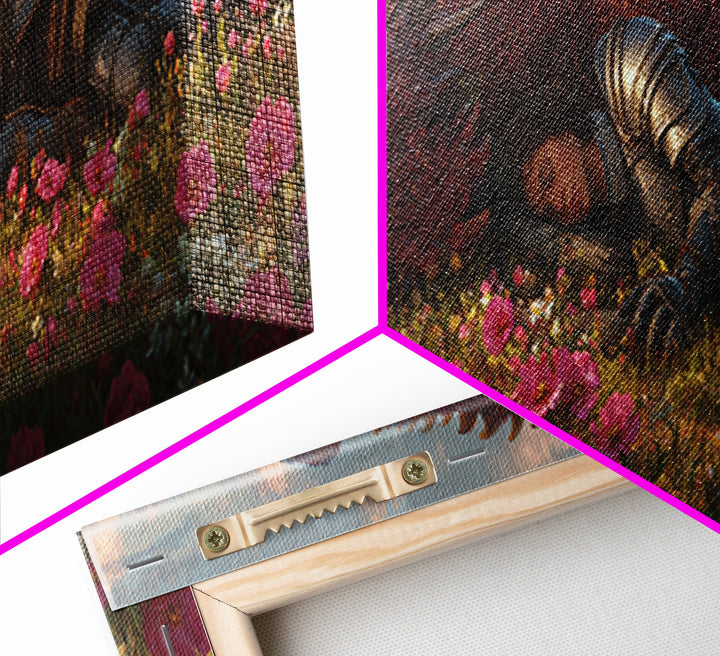 Sleeping Knight With Red Dragon In Flower Meadow Wall Art, Whimsical Fantasy Canvas Print, Nursery Decor Gift For Her And Kids