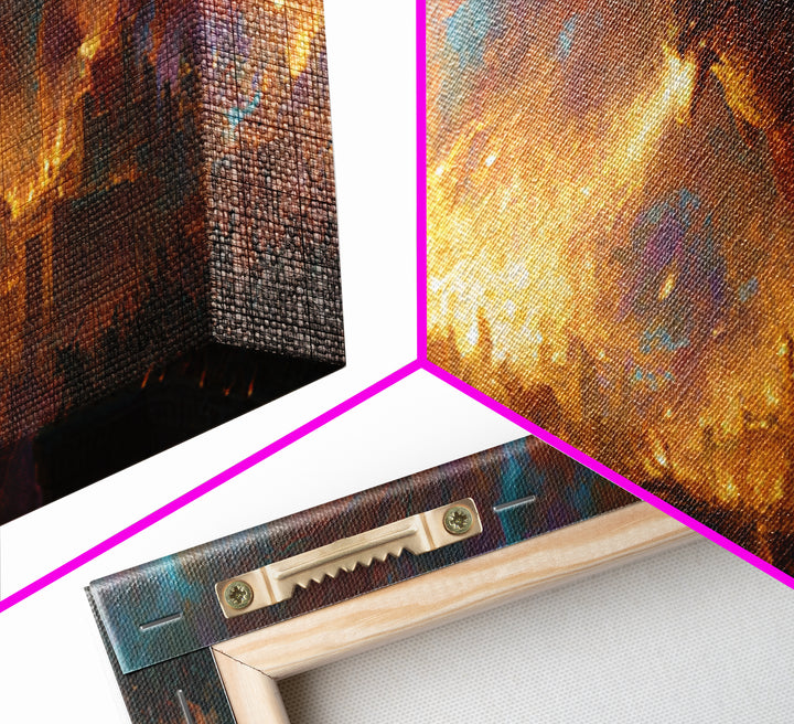 Fire Breathing Dragon Over Burning City Wall Art, Epic Fantasy Canvas Print, Medieval Castle Home Decor, Gamer Gift For Him