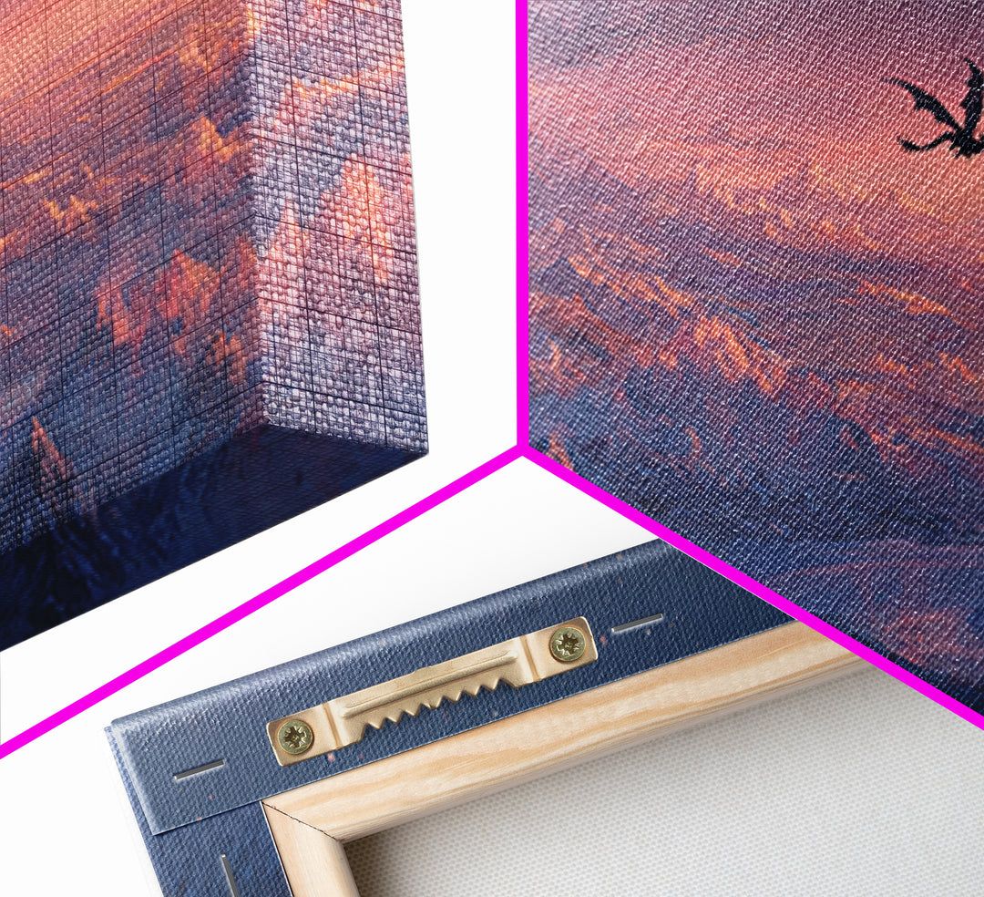 Pink Alpine Dragon Above Snowy Peaks Canvas Print, Fantasy Landscape Wall Art, Mountain Wall Art, Dreamy Bedroom Decor, Gift