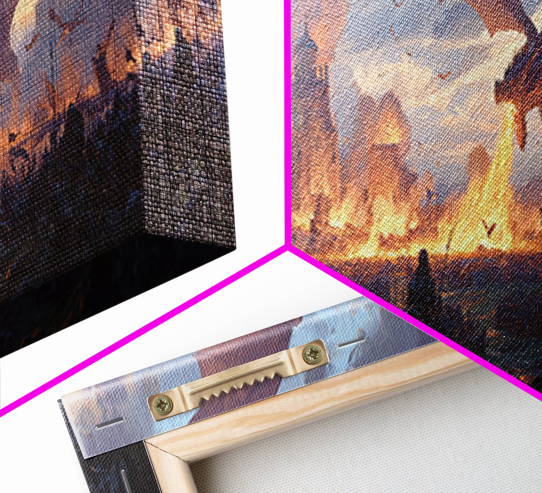 Epic Dragon Siege Over Burning Kingdom Framed Canvas Print, Fantasy Wall Art, Medieval Battle Decor, Game Room Art, Large Wall Decor