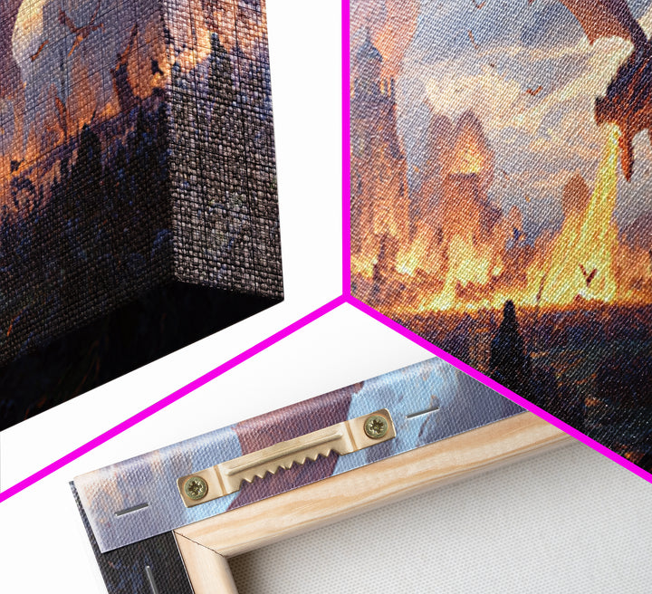 Epic Dragon Siege Over Burning Kingdom Framed Canvas Print, Fantasy Wall Art, Medieval Battle Decor, Game Room Art, Large Wall Decor