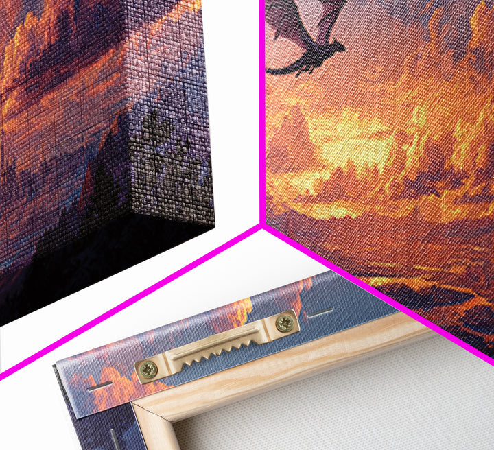Pastel Dragon Over Cloud Castles At Sunset Canvas Print, Fantasy Landscape Wall Art, Whimsical Decor, Dreamy Nursery Art