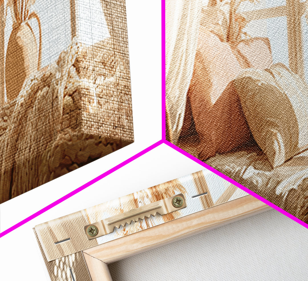 Sunlit Boho Bedroom With Pampas Grass Wall Art, Warm Neutral Above Bed Decor, Cozy Home Decor, Large Horizontal Canvas Print
