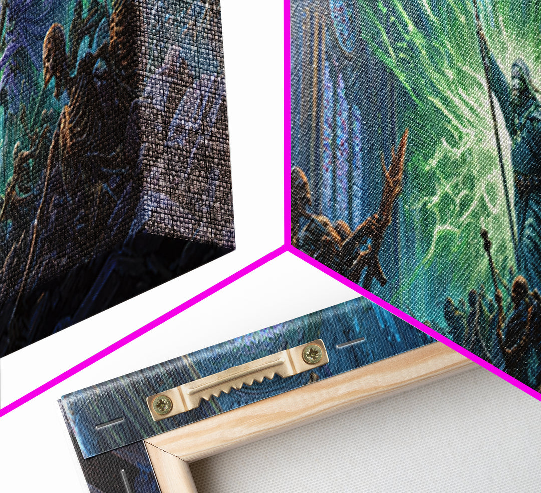 Necromancer Battle In Gothic Cathedral Wall Art, Dark Fantasy Canvas Print, Skeleton Decor, Surreal Magic Art Gift For Him