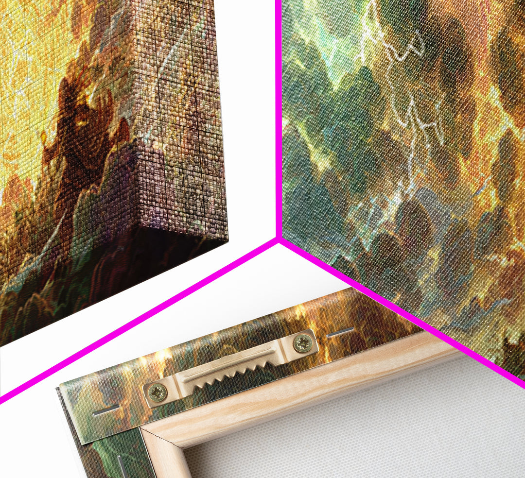 Celestial Storm Kingdom With Golden Light Framed Canvas Print, Fantasy Wall Art, Surreal Landscape Decor, Epic Gift For Him