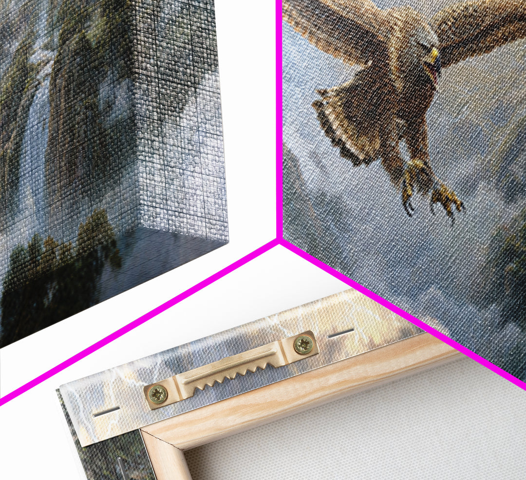 Soaring Eagle Over Misty Castle Mountains Framed Canvas Print, Fantasy Landscape Wall Art, Stormy Medieval Home Decor Gift